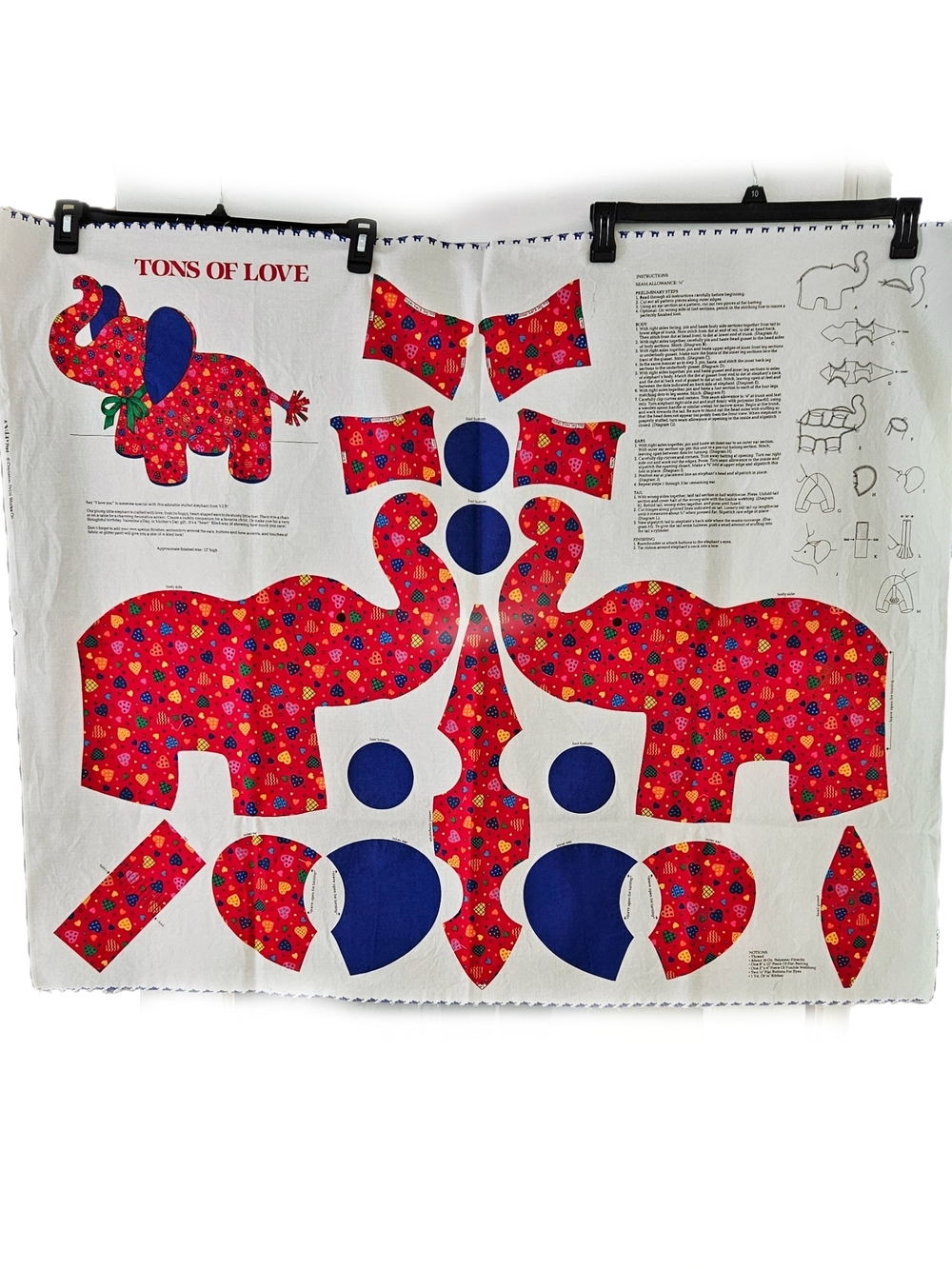 Vintage Cranston VIP " Tons Of Love" Red Heart Elephant Cut And Sew Fabric Panel